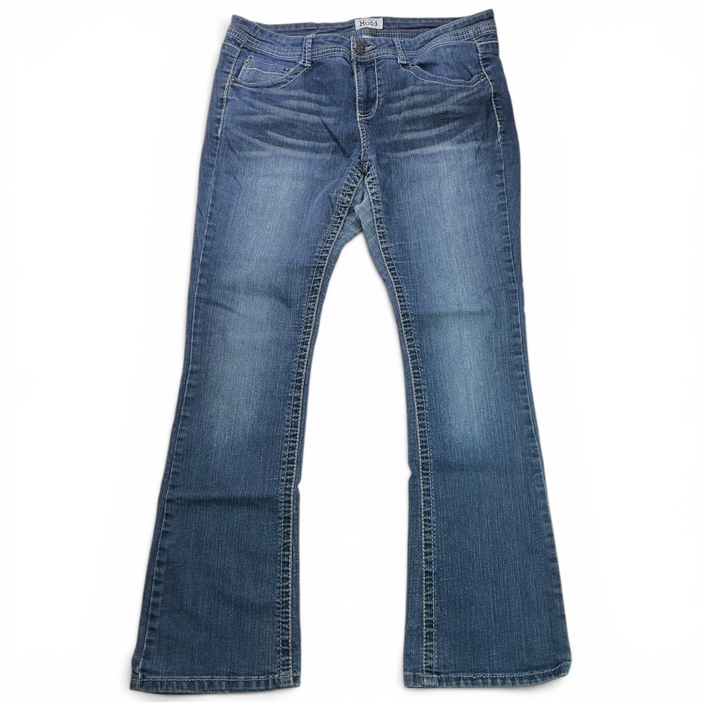 Mudd Blue Flare Jeans Women Size 15 Mid Rise Stretch Whiskered Denim